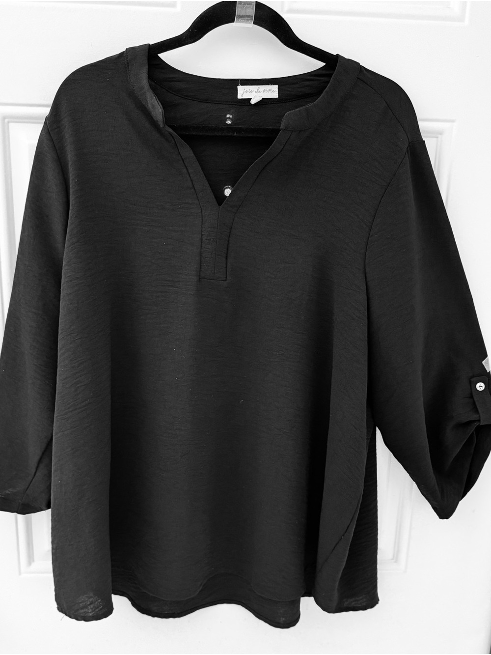 Lightweight Black Split-Neck Blouse with Roll-Tab Sleeves